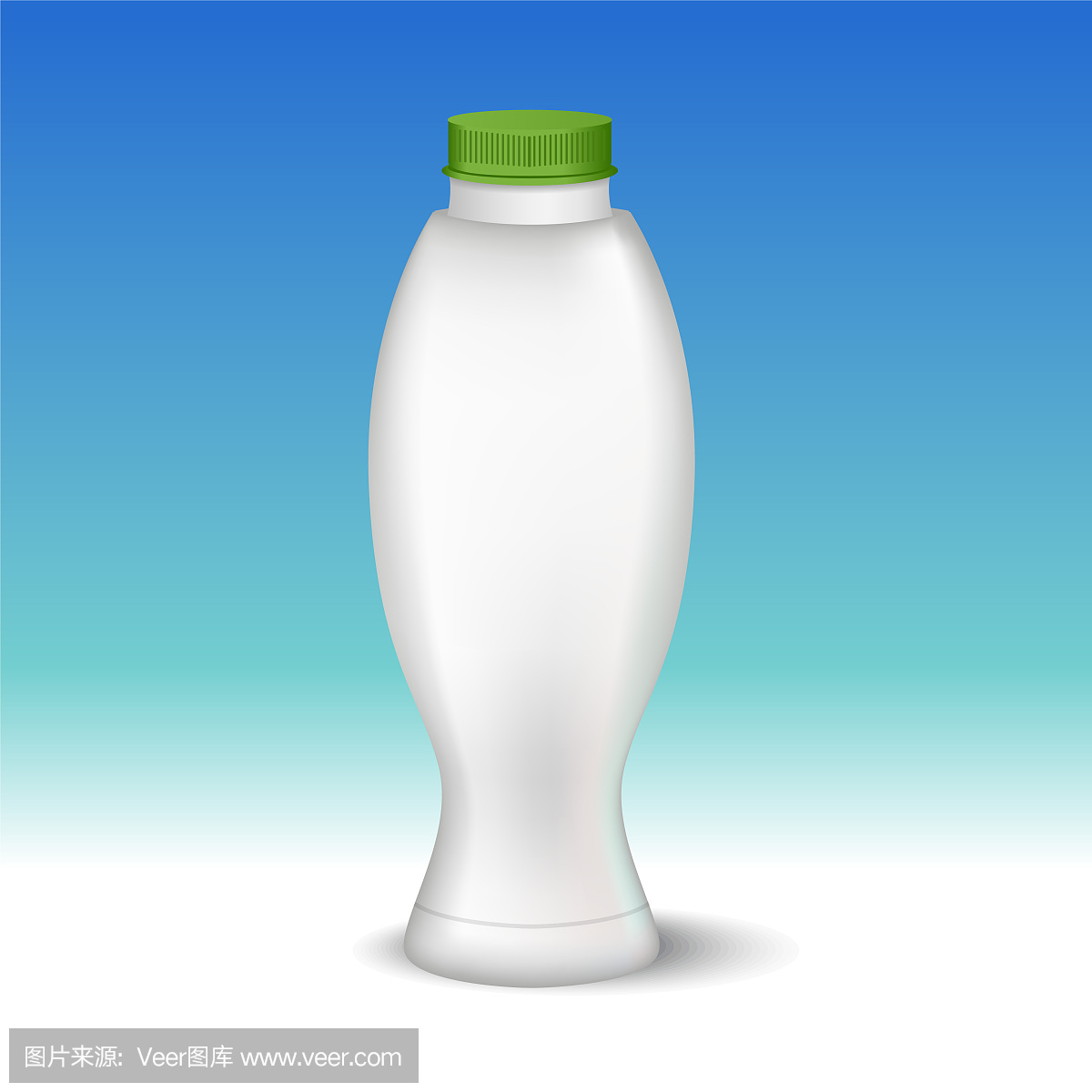 白色光滑塑料螺旋盖奶瓶,用于牛奶,酸奶,奶油,甜点。现实的包装模型模板。前视图。矢量插图。